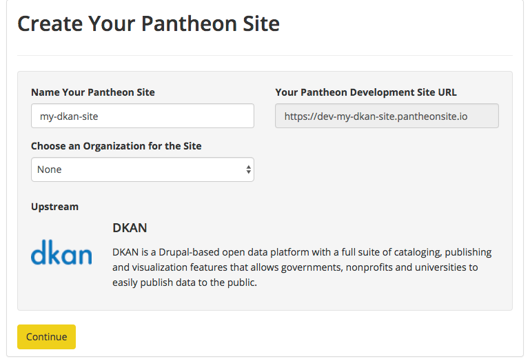 Pantheon new site form