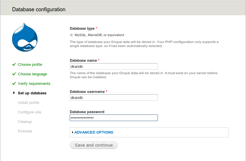 Installation Screen - database config
