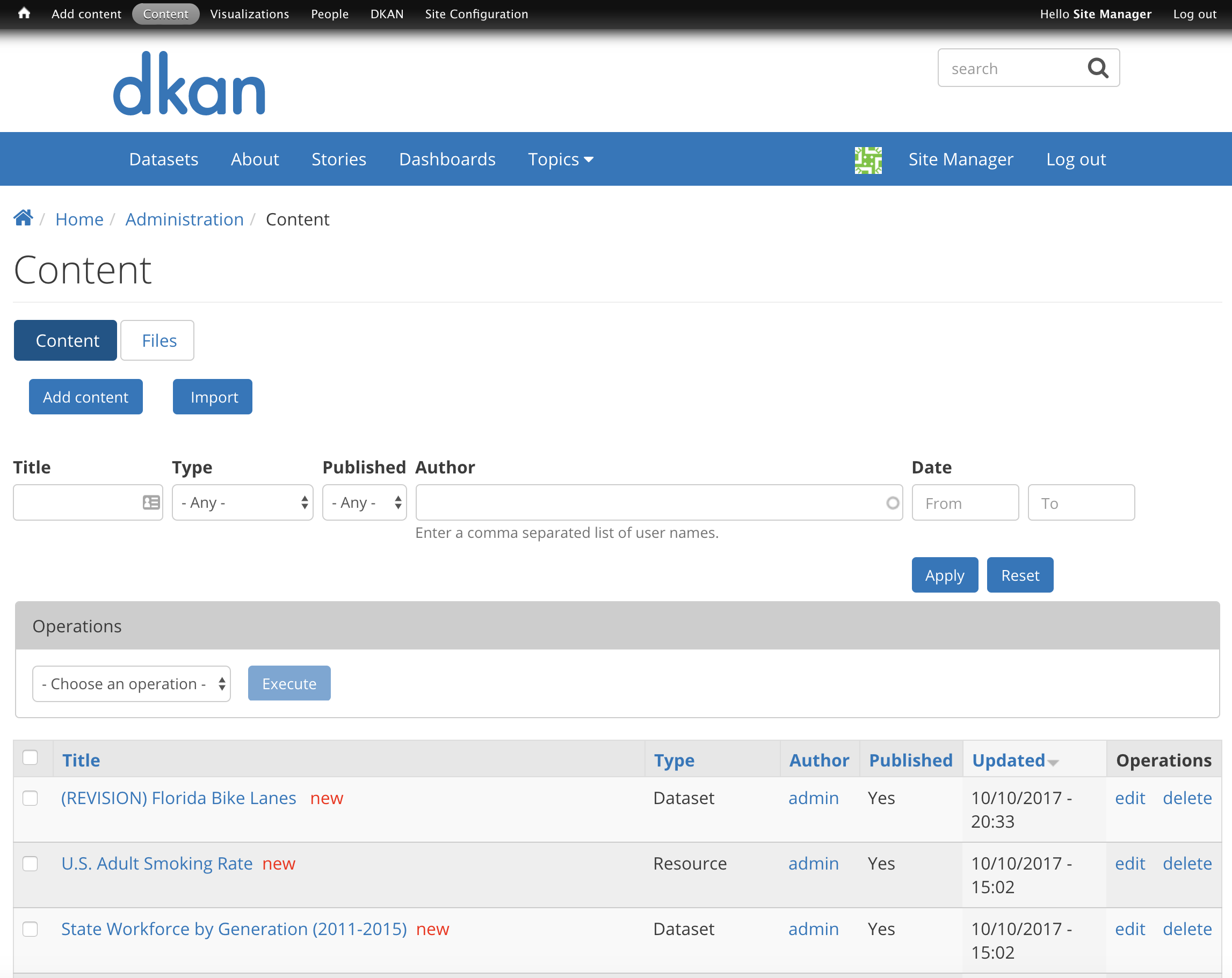 A screenshot of the DKAN "Content" page, as seen by a Site Manager.