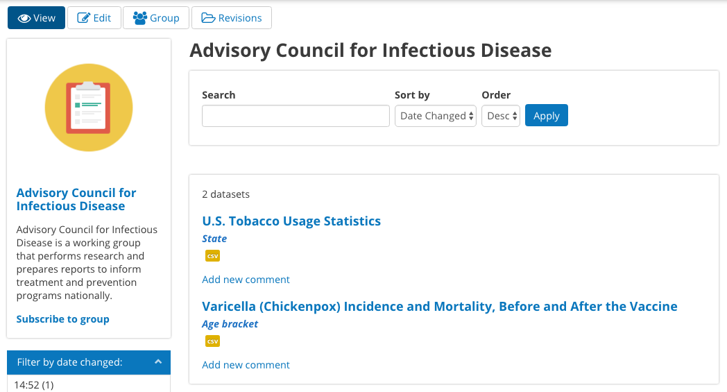 An example of a Group called "Advisory Council on Infectious Disease" on the DKAN demo site.