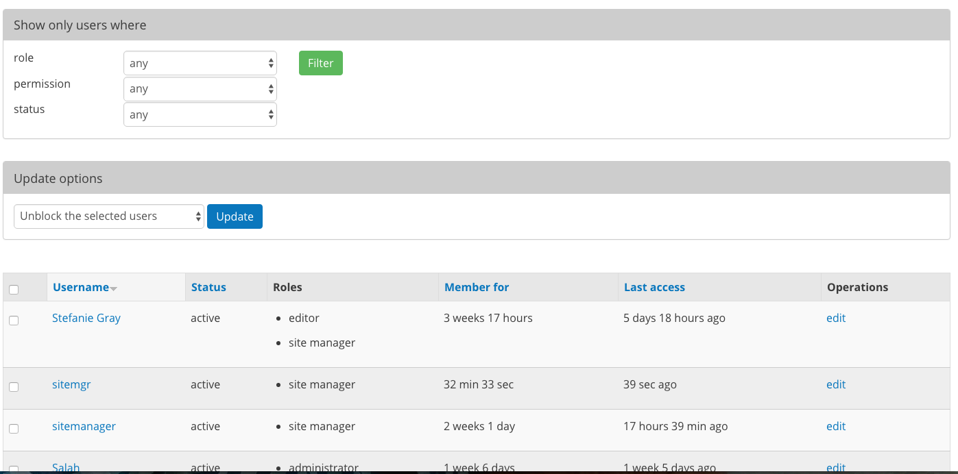 The "People" page, which allows you to perform bulk actions on user accounts in DKAN.