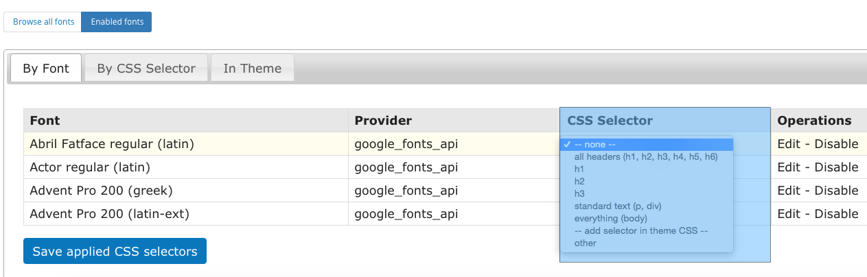 This screen shows what you'll see when selecting which fonts should be assigned to which CSS selectors.