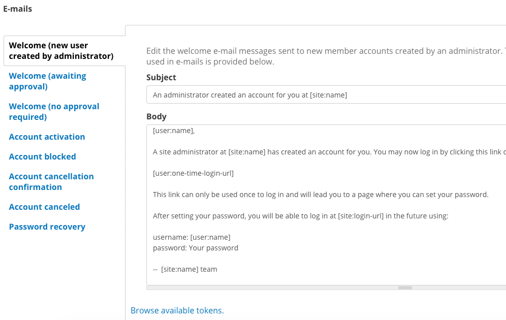 Screenshot of the Account Settings screen where you can modify emails sent to users.